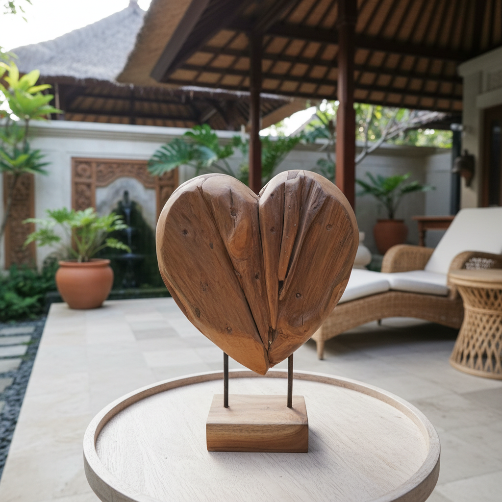 Teak Wood Carved Heart Sculpture Model Umang