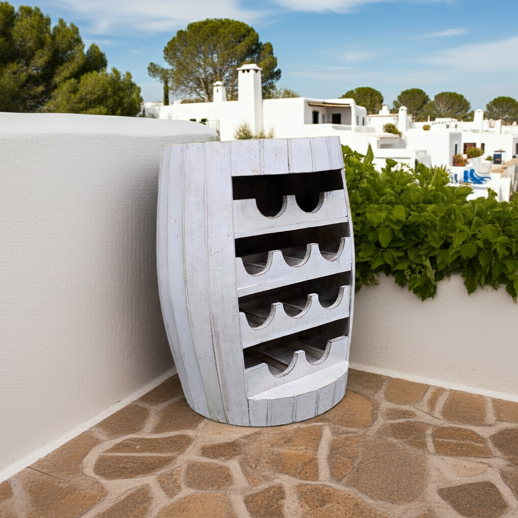 Whitewashed wooden barrel wine rack. Model Dua