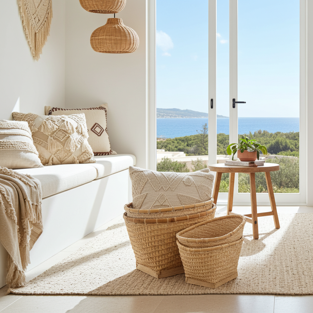 Rattan and bamboo baskets set of three different sizes. Model Putih