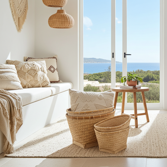 Rattan and bamboo baskets set of three different sizes. Model Putih