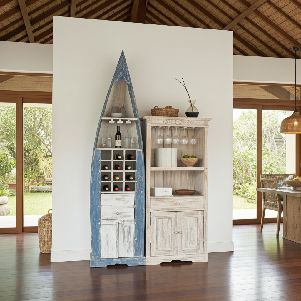 Hand-painted, whitewashed wooden boat shelf cabinet