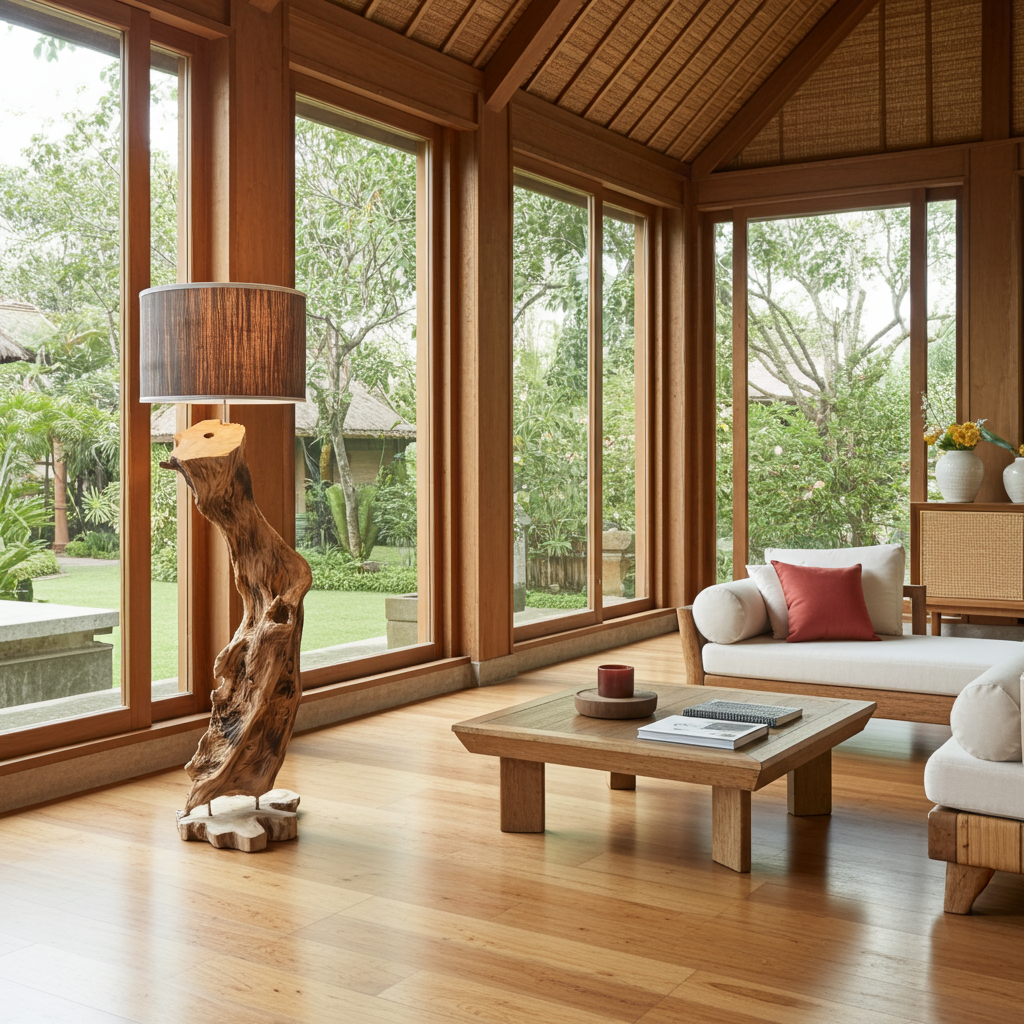 Candeeiro de pé em tronco de árvore natural, modelo Pohon.