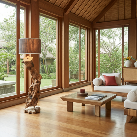 Candeeiro de pé em tronco de árvore natural, modelo Pohon.