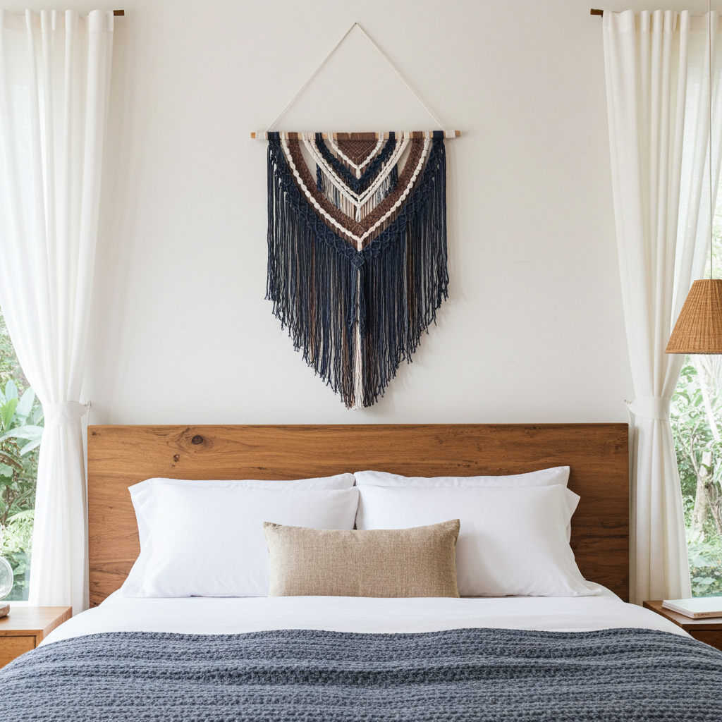 Multi-colored macramé wall hanging in black, brown, and white