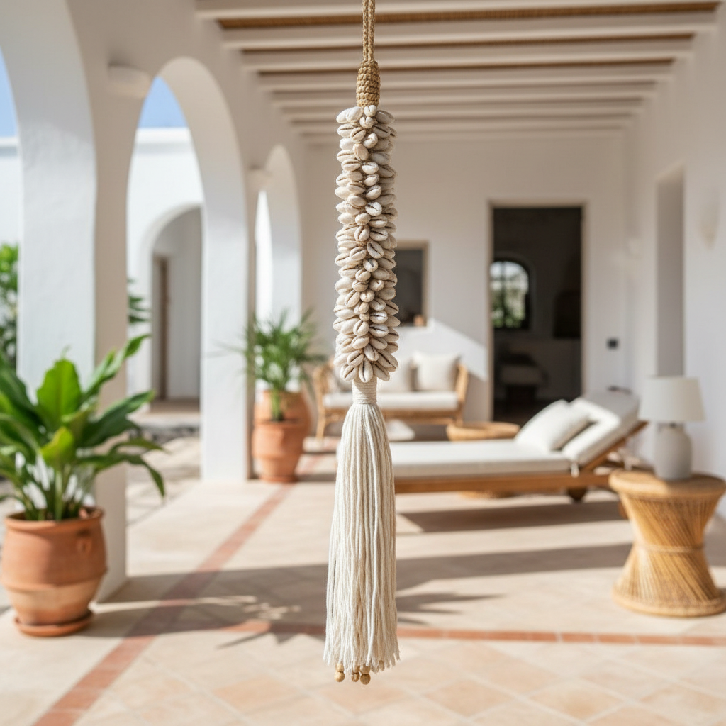 Modelo Colgante de Borla de Concha de Cauri de Macramé Largo