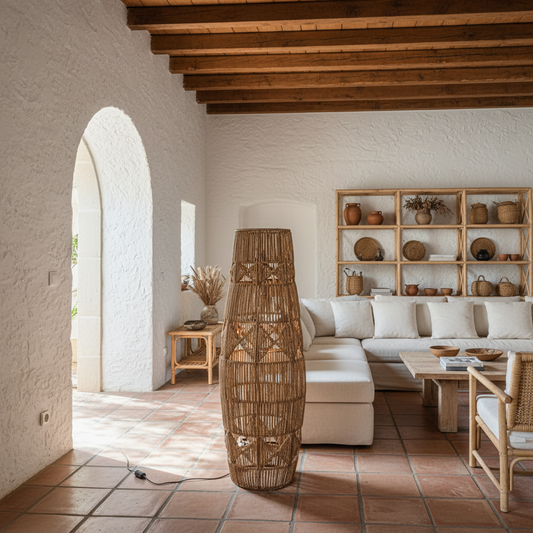 Lámpara de pie alta de ratán tejido modelo Galang
