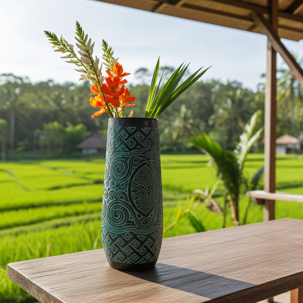 Cylindrical green decorative vase. Model Glempang