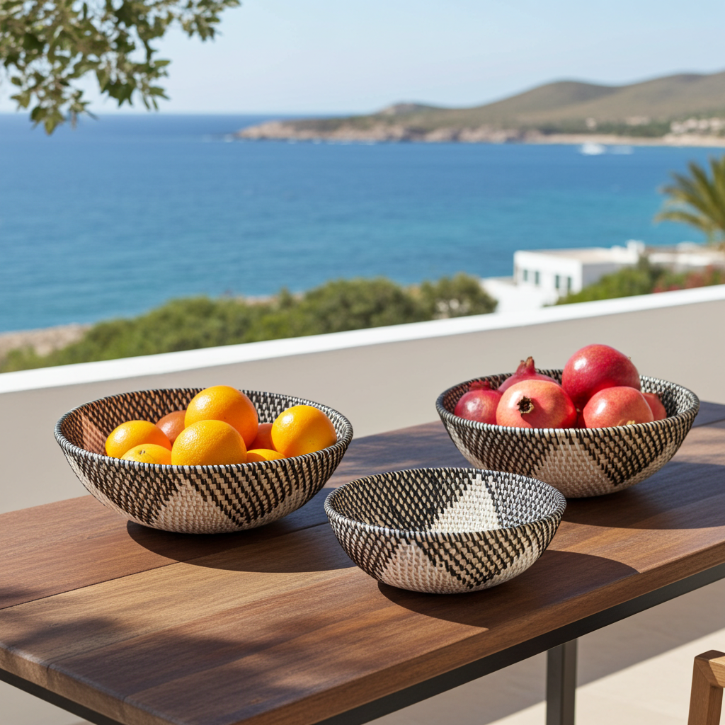 Set of 3 rattan bowls. Model Mas