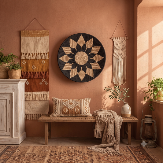 Cesta de pared de mandala de hierba marina tejida modelo Rakata