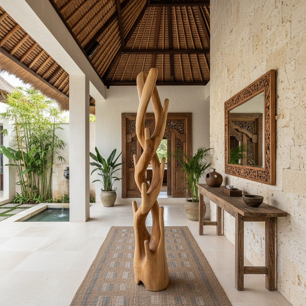 Tall Twisted Suar Wood Sculpture Model Tidore