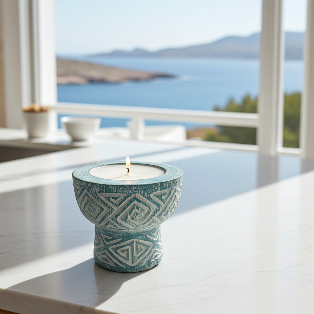 Hand-carved wooden candle hourglass shape in a blue finish