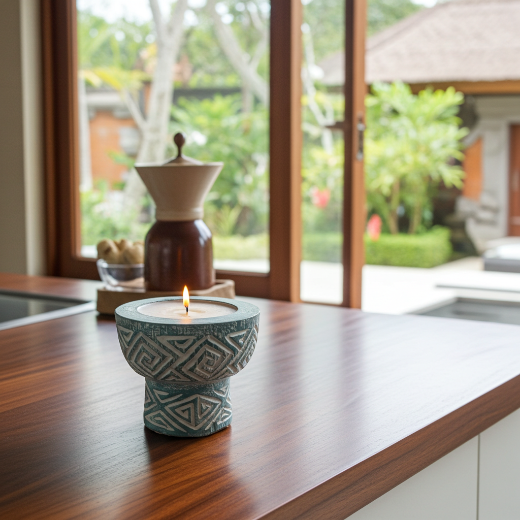 Hand-carved wooden candle hourglass shape in a blue finish