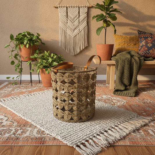 Woven Seagrass Storage Basket Leather Handles Model Ujung