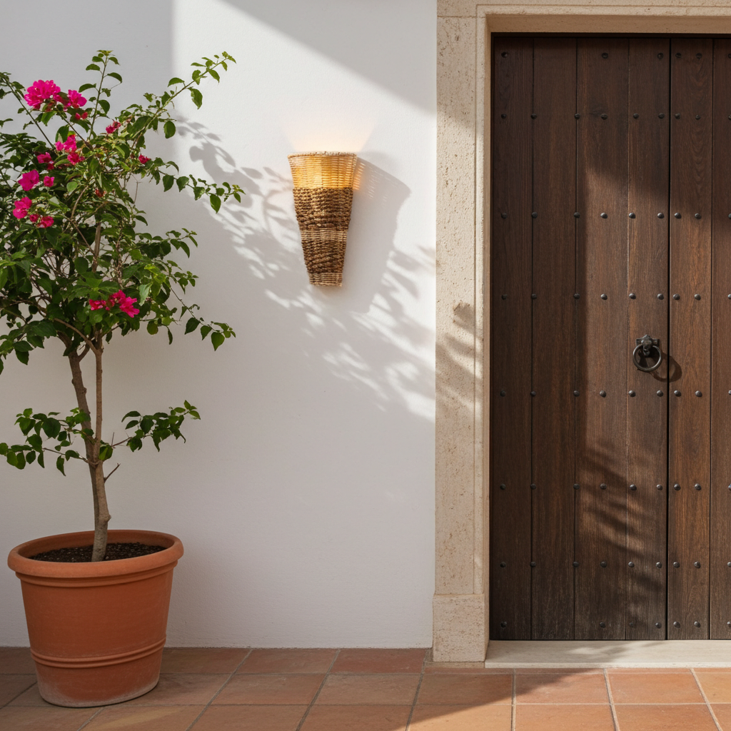 Hand-woven seagrass and hyacinth wall lamp. Model Pinge