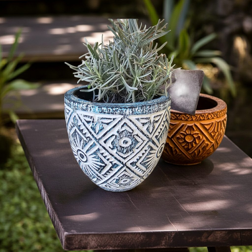 Handcarved wooden turquoise pot