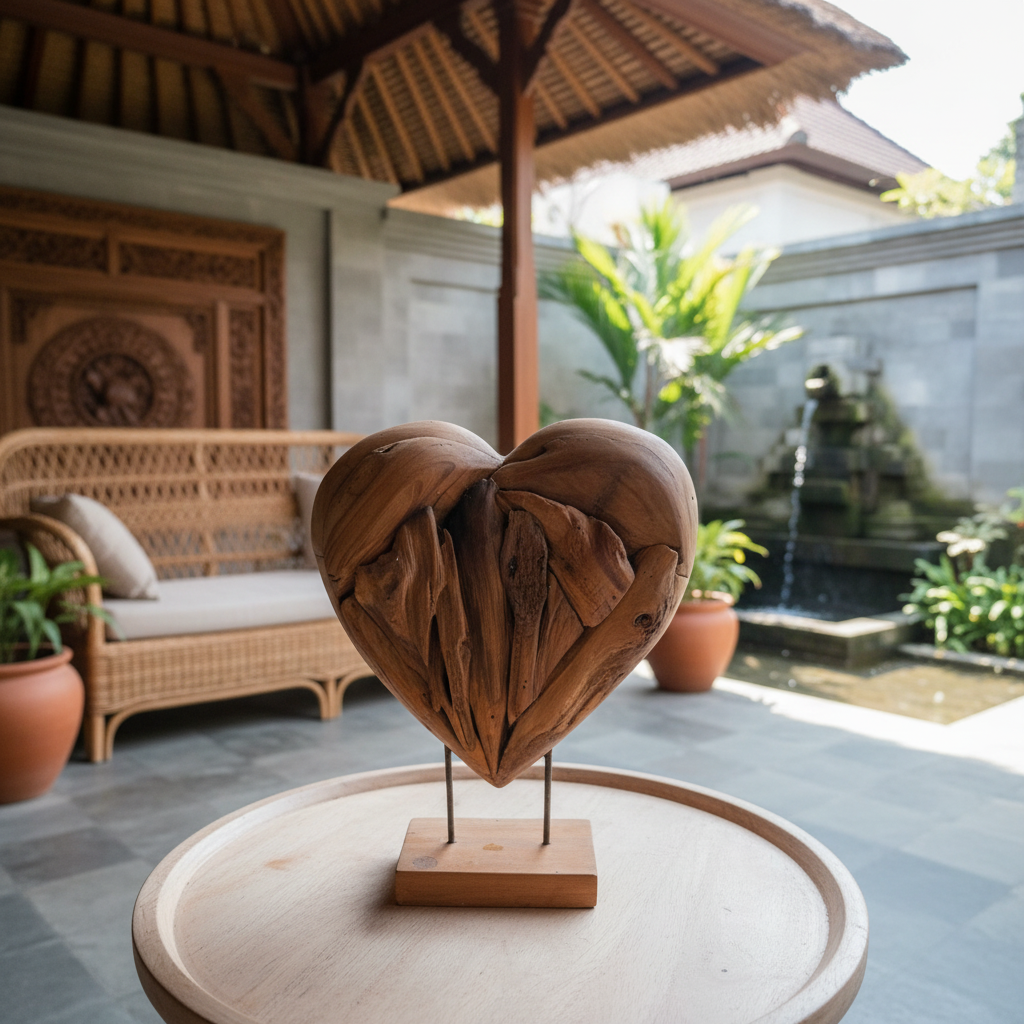 Teak Wood Carved Heart Sculpture Model Umang
