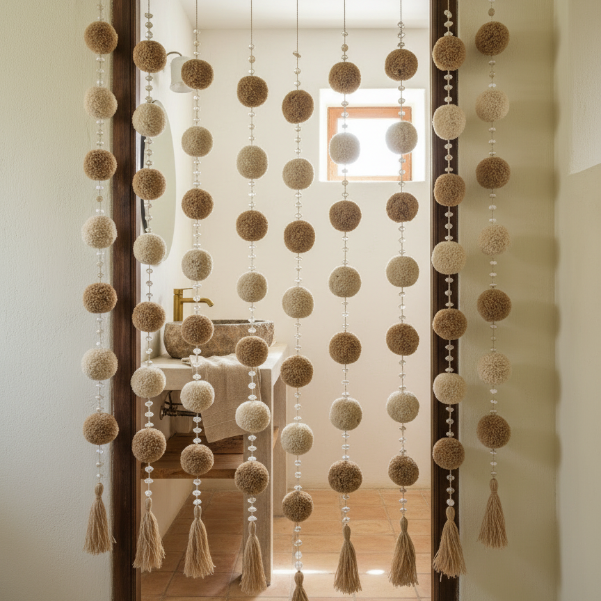 Cortina de Porta Boho com Contas e Pompons Modelo Lembongan