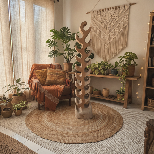Escultura tótem alto de madera tallada con hoja modelo Terong