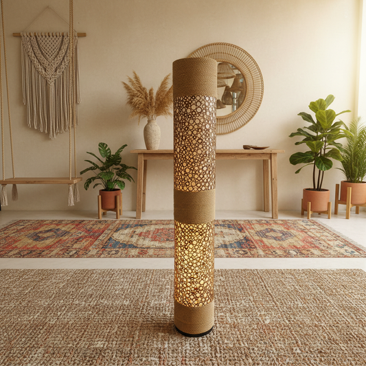 Tall Cylindrical Rope & Coconut Shell Floor Lamp Model Ternate