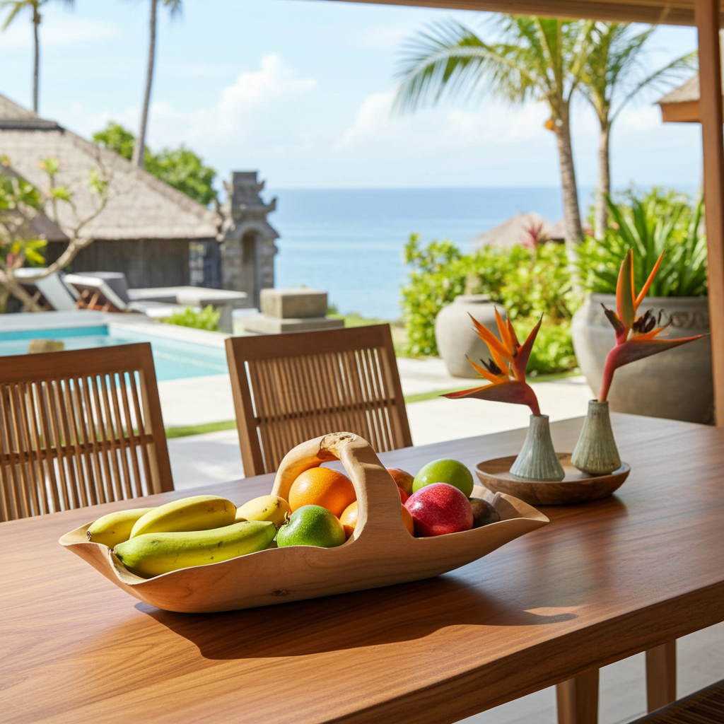 Fruteira maciça esculpida à mão com pega. Modelo Mangkuk.