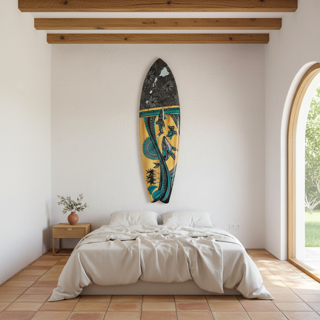 Tabla de surf de madera de mango pintada, modelo Genting, para arte de pared