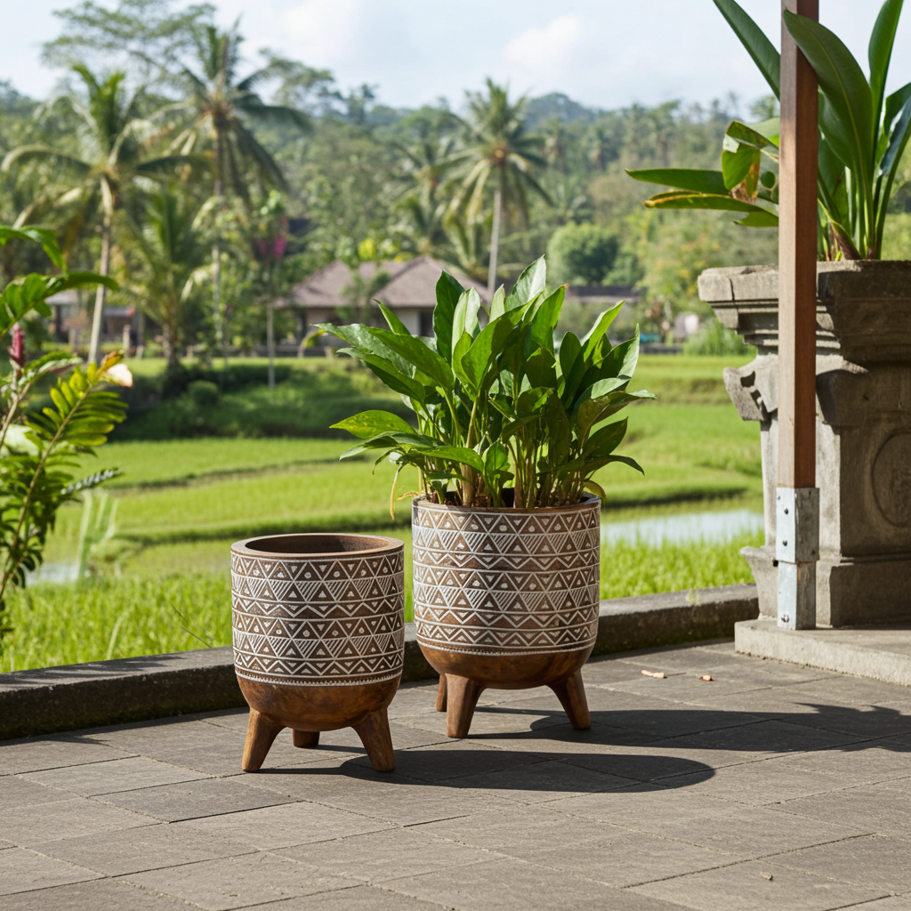 Beautiful decorated pot on three legs. Model Piring