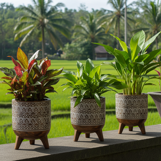 Beautiful decorated pot on three legs. Model Piring