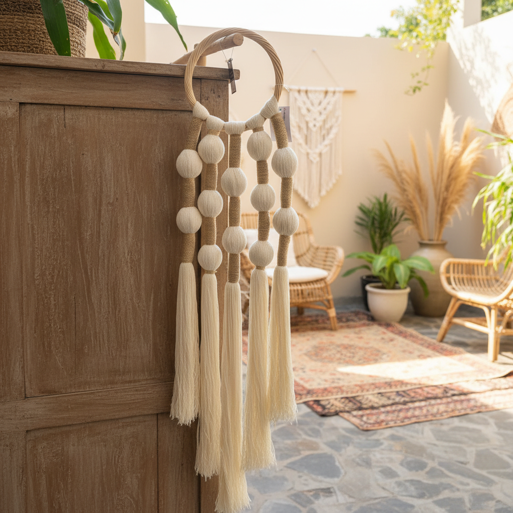 Colgante de pared de macramé de borlas con aro de ratán bohemio, modelo Wagmab