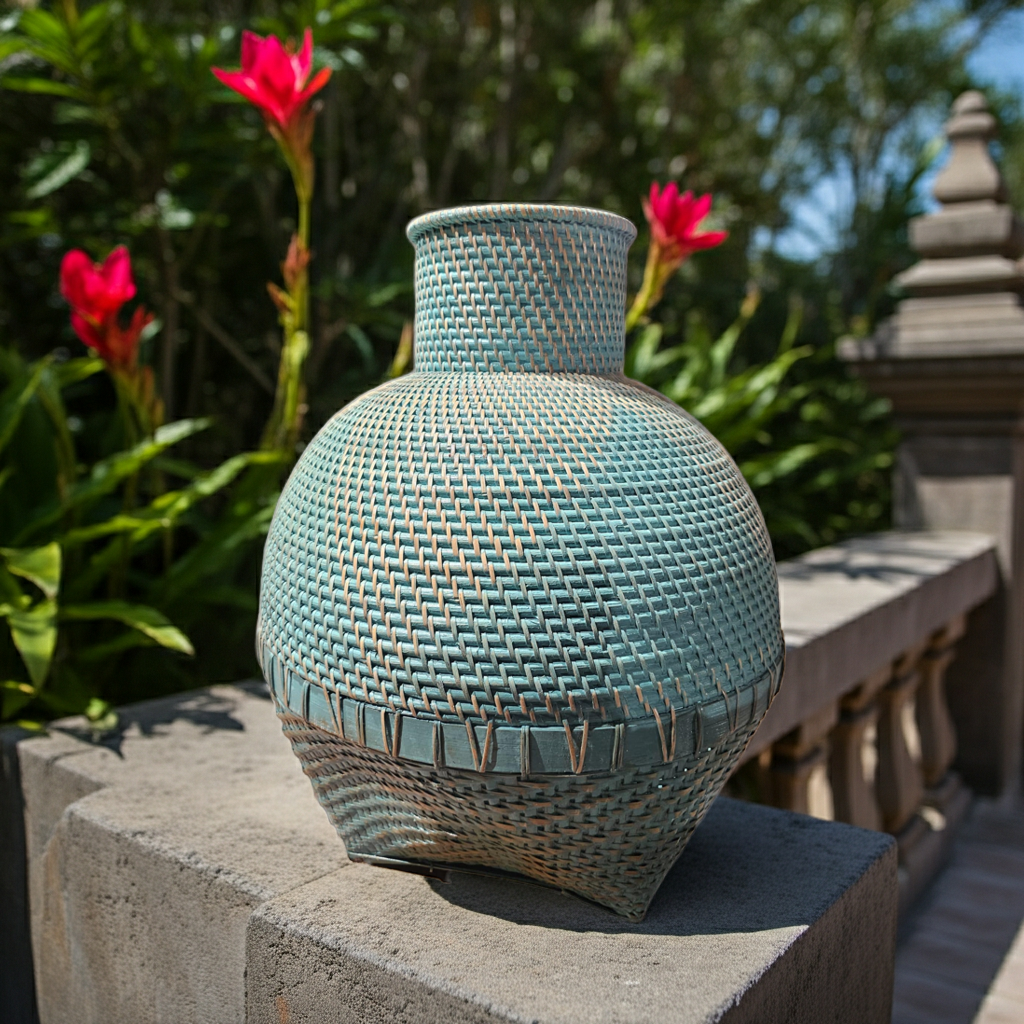 Vaso em bambu e rattan na cor azul/verde