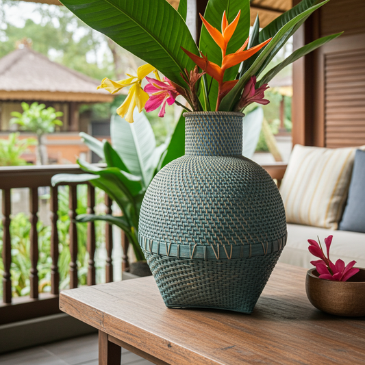 Vaso em bambu e rattan na cor azul/verde