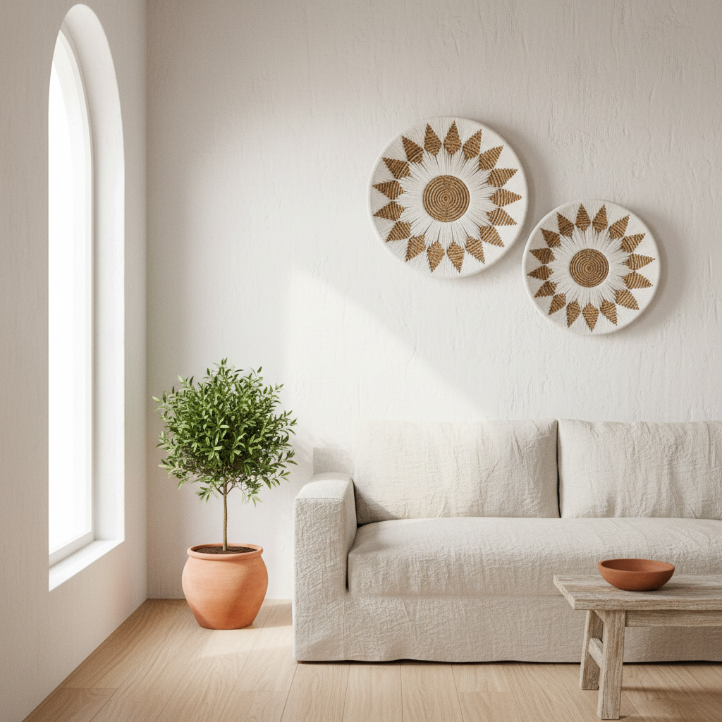 Plato de Pared de Girasol de Hierba Marina Trenzada Modelo Pramuka