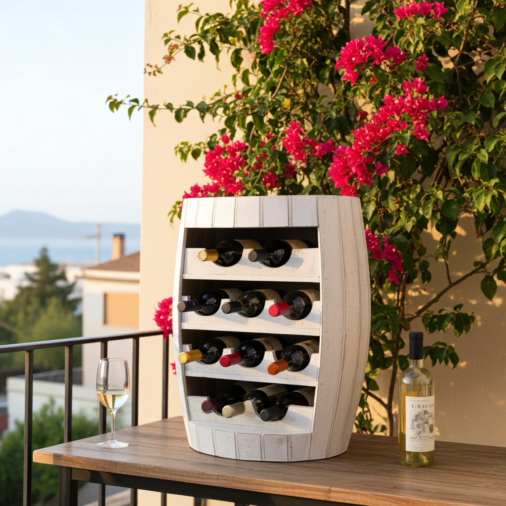 Whitewashed wooden barrel wine rack. Model Dua