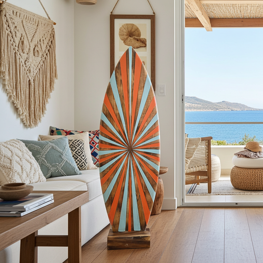 Hand-carved wooden surfboard decoration. Model Multicolor