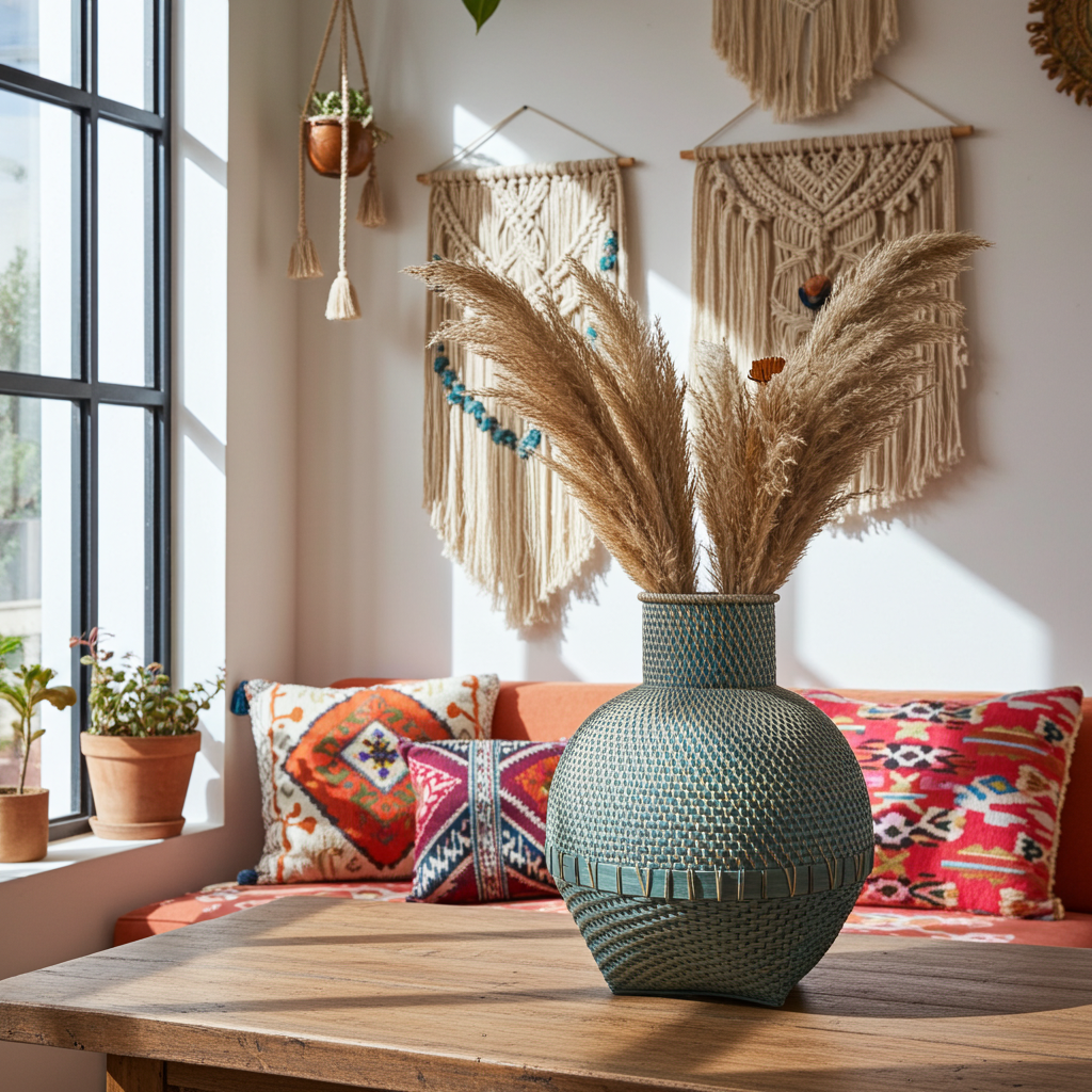 Vaso em bambu e rattan na cor azul/verde
