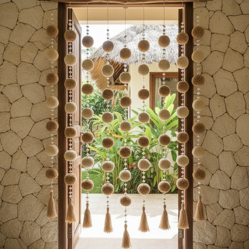 Cortina de Porta Boho com Contas e Pompons Modelo Lembongan