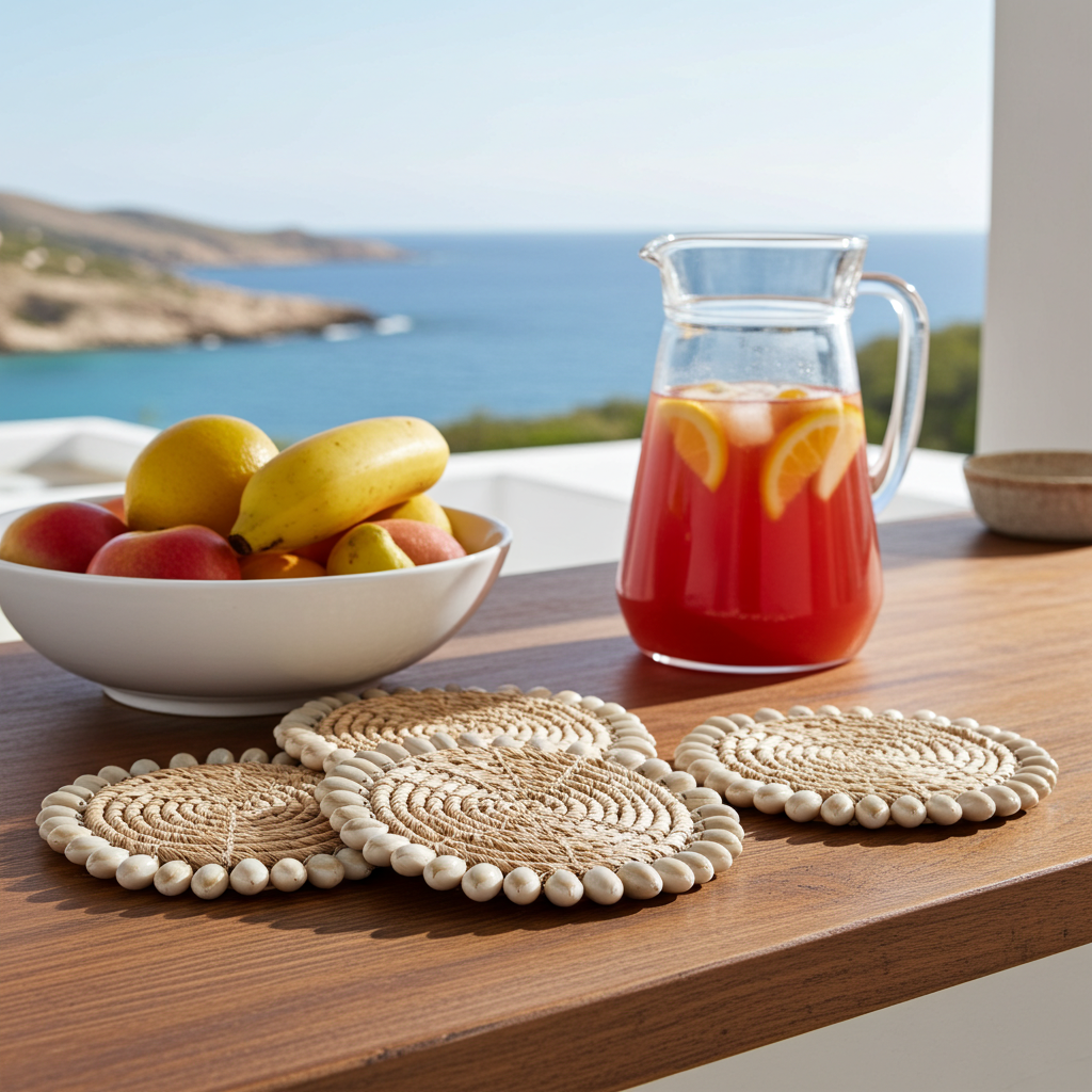 Woven bananaleaf coasters decorated with cowrie shells