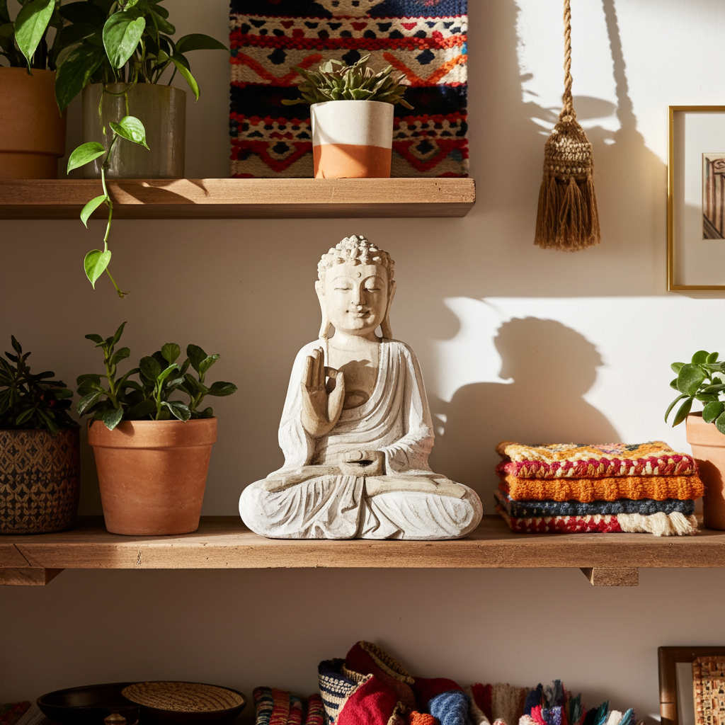 Buda sentado branco/natural feito de madeira SUAR