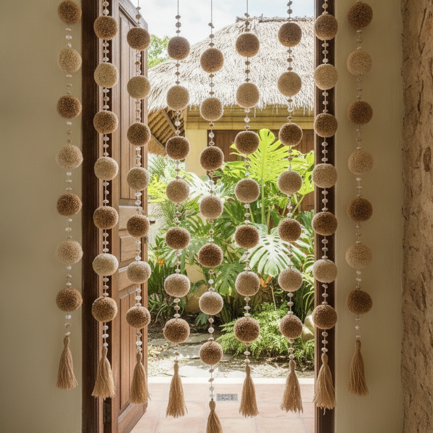 Cortina de Porta Boho com Contas e Pompons Modelo Lembongan