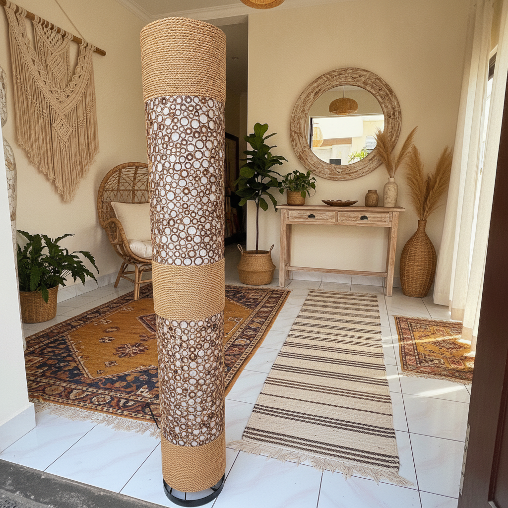 Candeeiro de Chão Alto Cilíndrico em Corda e Casca de Coco Modelo Pungu