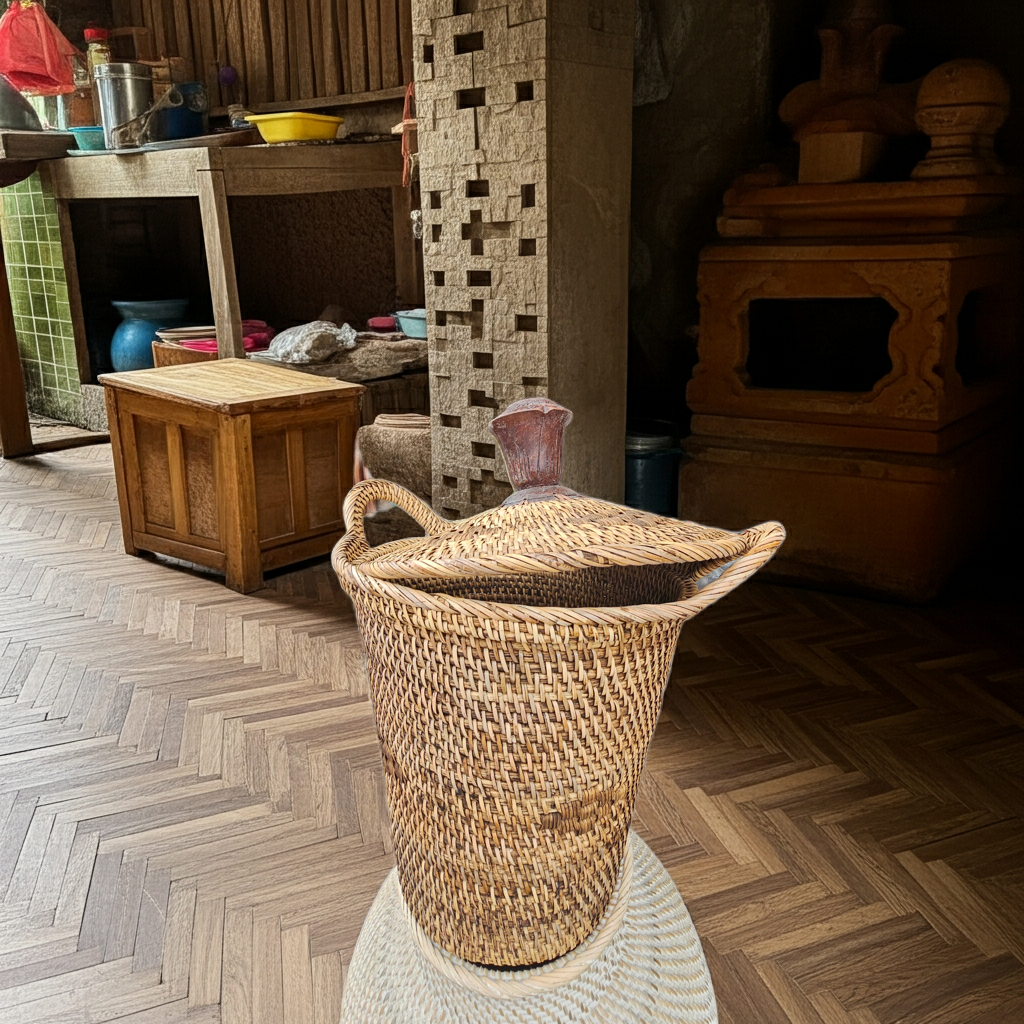Rattan basket brown with lit and wooden nob