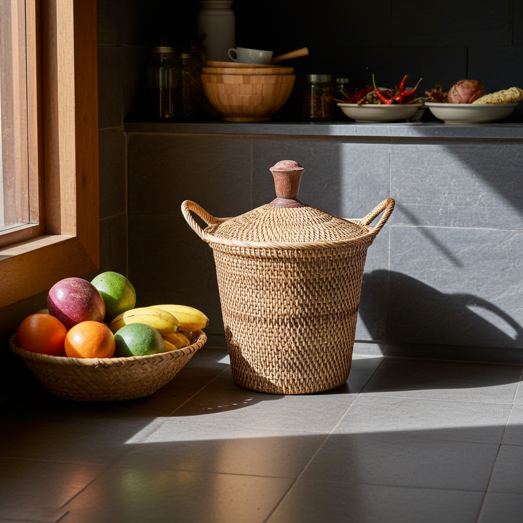 Rattan basket brown with lit and wooden nob