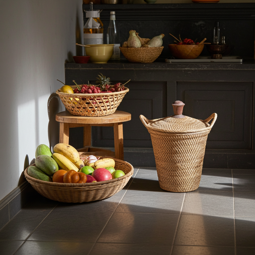 Rattan basket brown with lit and wooden nob
