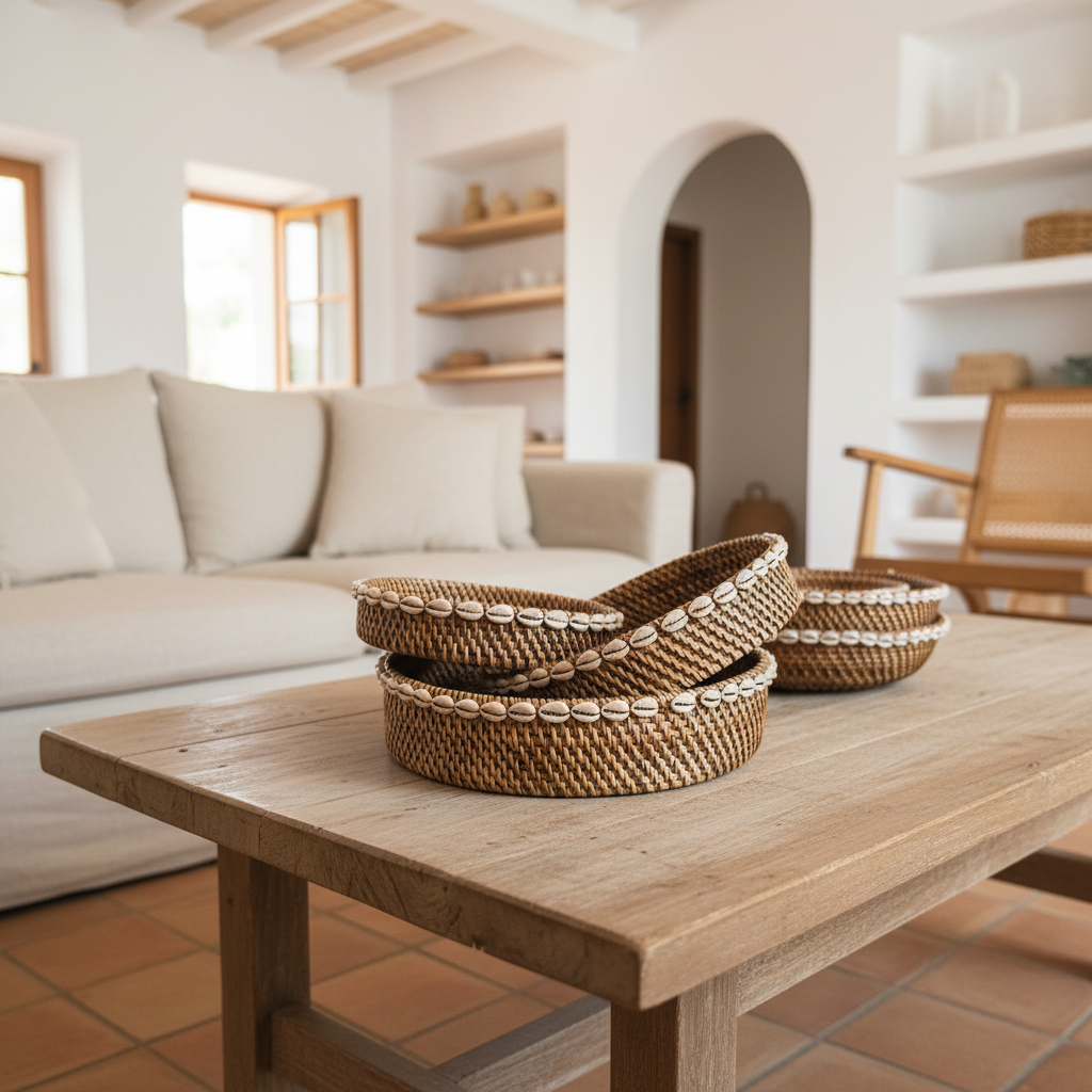 Woven Rattan Cowrie Shell Bowl Set Model Kekek