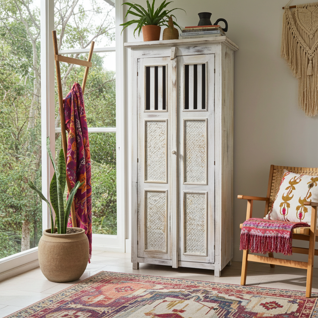 Tall, whitewashed wooden cabinet. Model Bedegul