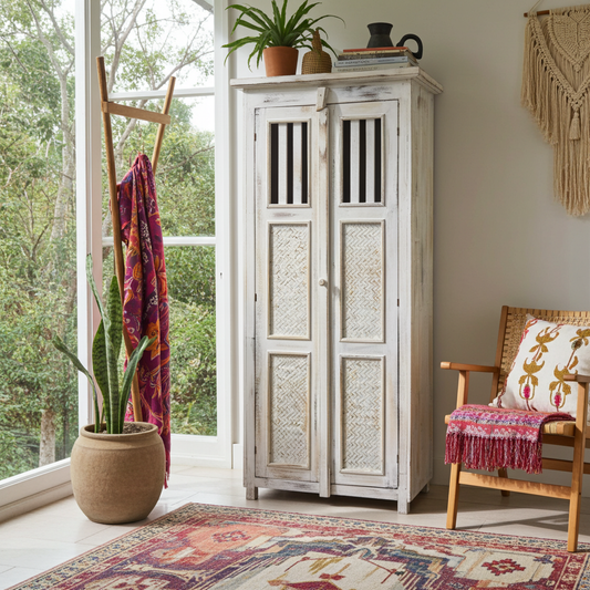 Tall, whitewashed wooden cabinet. Model Bedegul