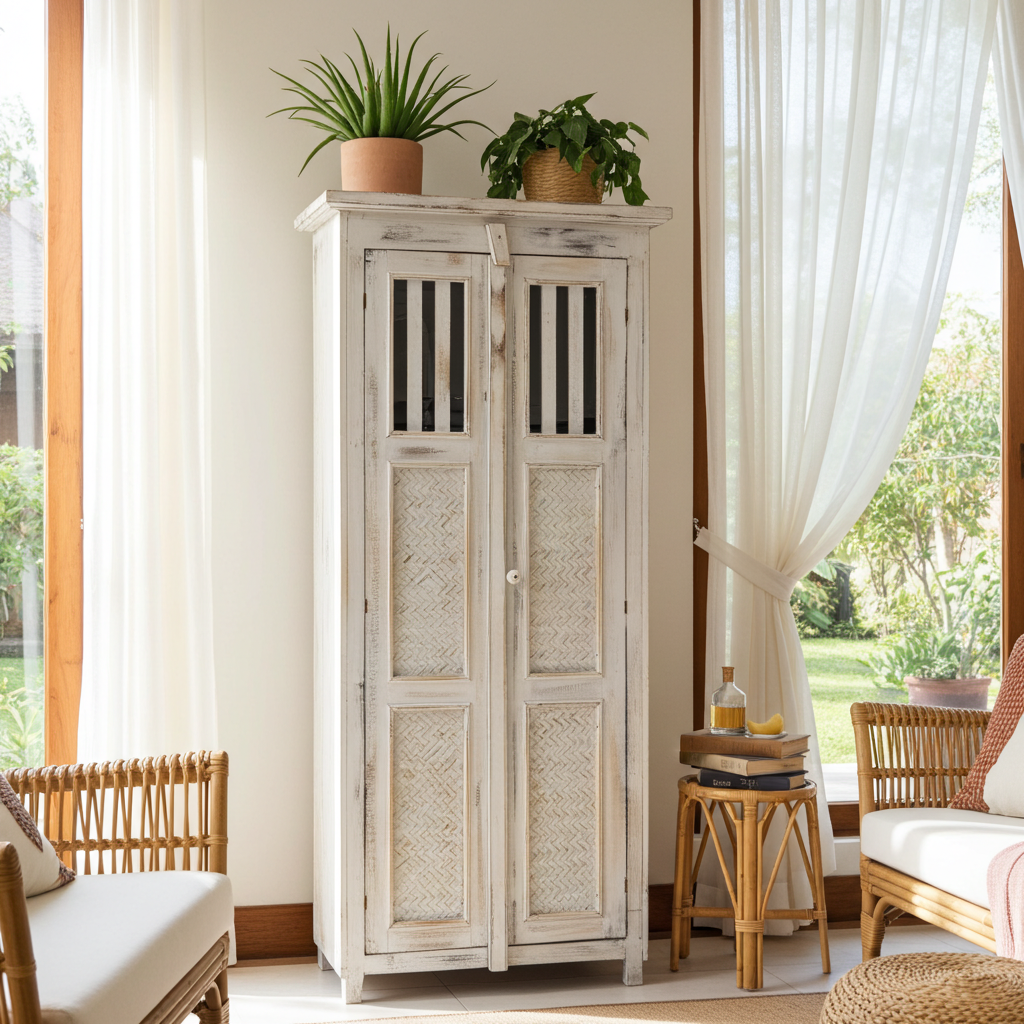 Tall, whitewashed wooden cabinet. Model Bedegul