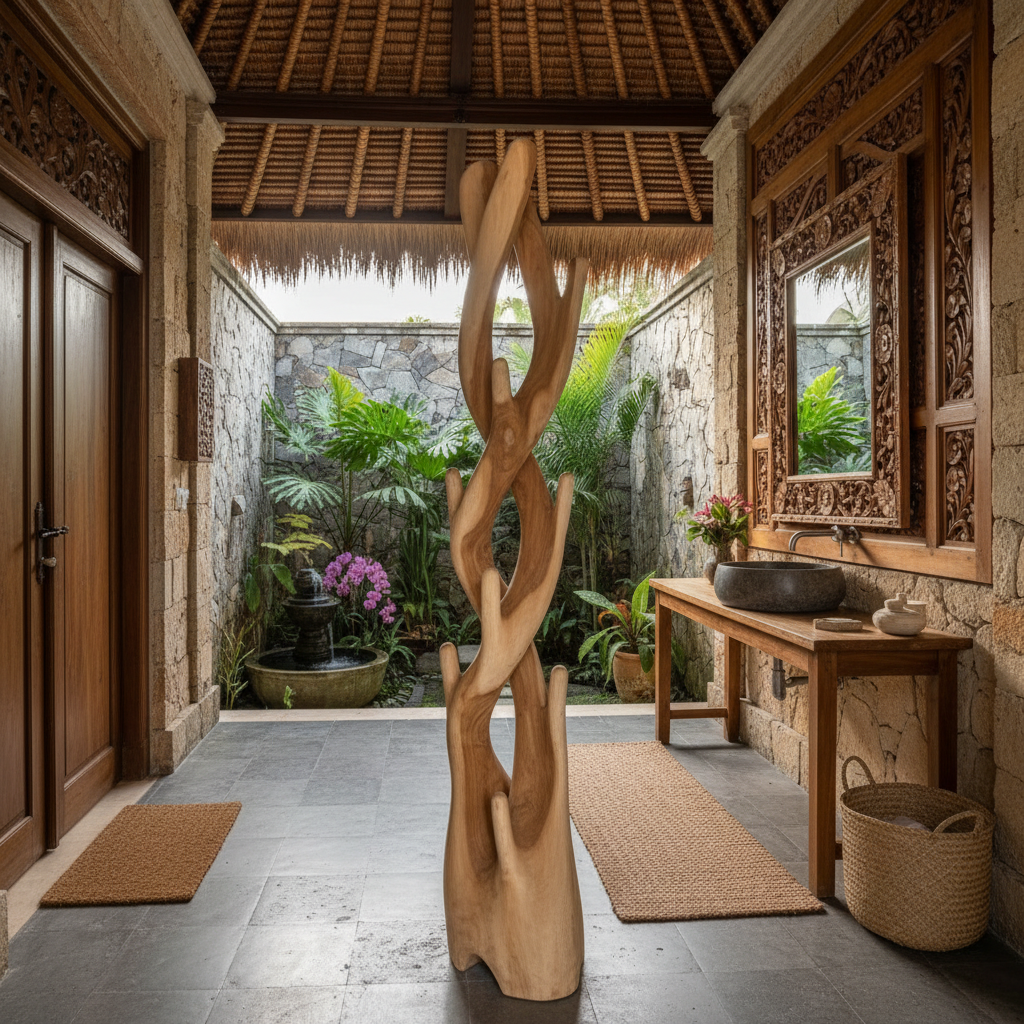 Tall Twisted Suar Wood Sculpture Model Tidore