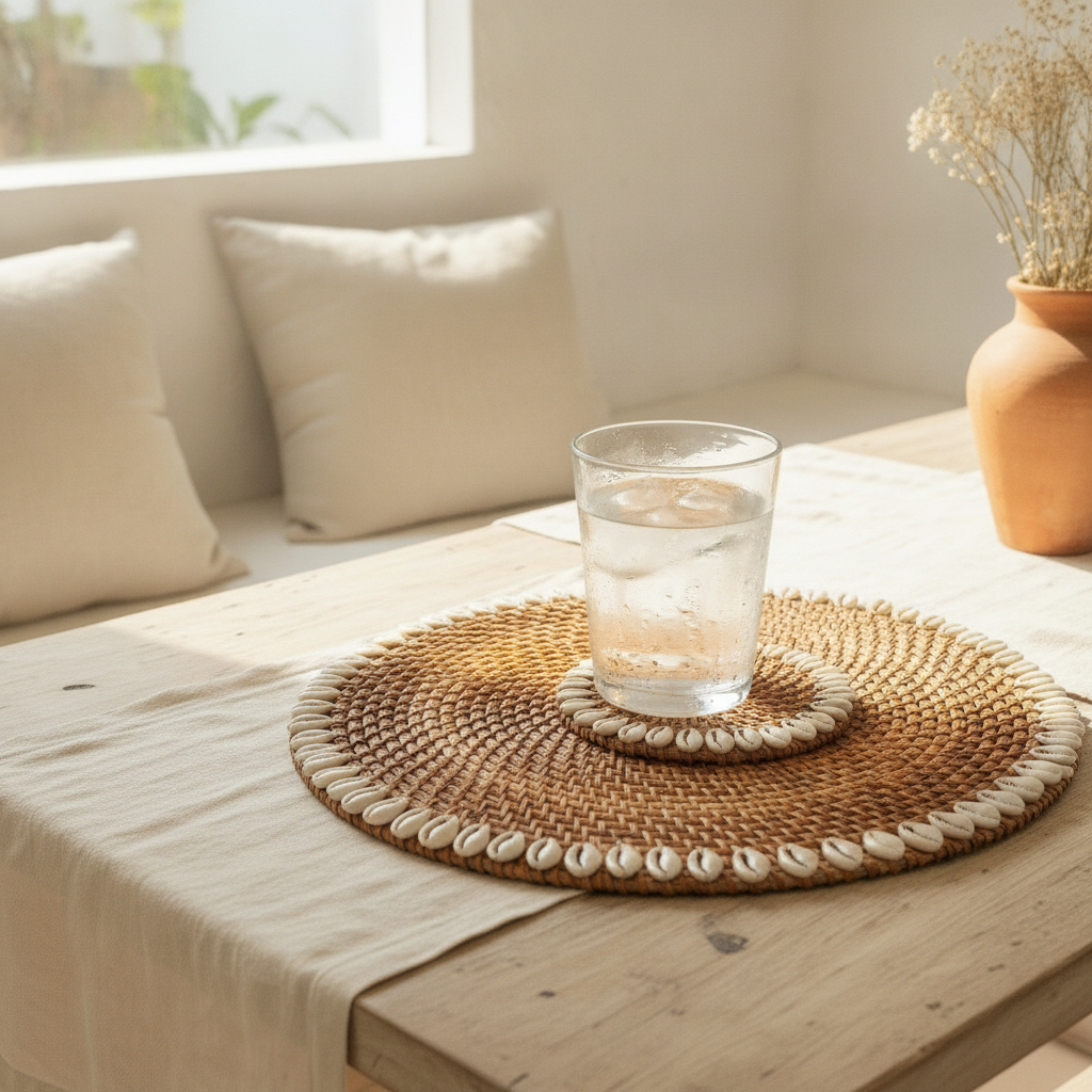 Porta-Copos de Rattan Trançado com Conchas Cauri Modelo Rumberpon
