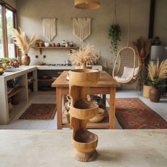 Stacked Triple Bowl Teak Wood Sculpture Model Dobo