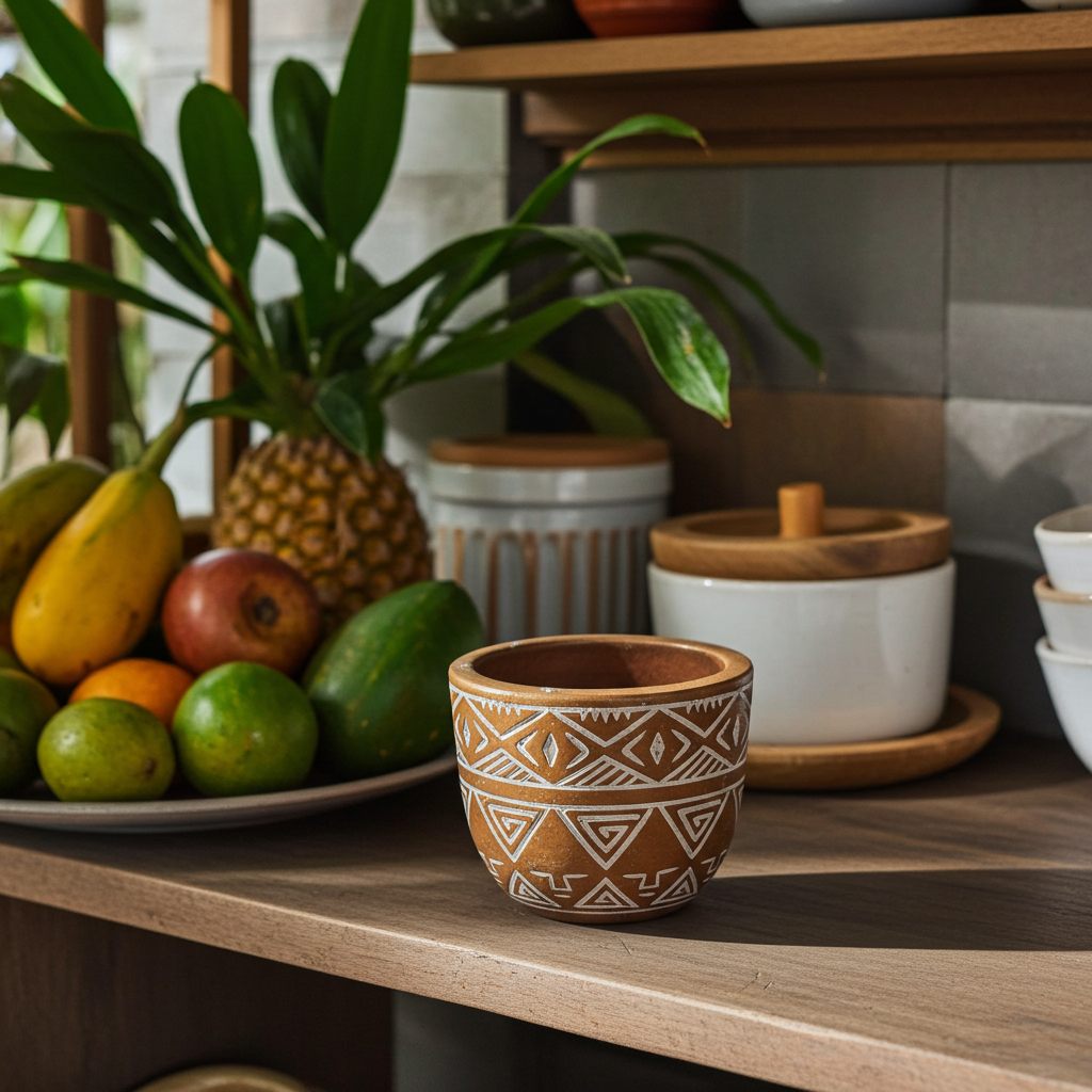 Maceta de madera turquesa tallada a mano
